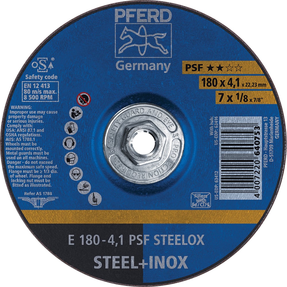 PFERD - Depressed-Center Wheels; Hole Thread Size: 5/8-11 ; Connector Type: Arbor ; Wheel Type Number: Type 27 ; Abrasive Material: Aluminum Oxide ; Maximum RPM: 8500.000 ; Bond Type: Resinoid - Exact Industrial Supply