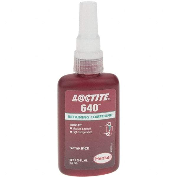 Loctite - 50 mL Bottle, Green, High Strength Liquid Retaining Compound - Series 640, 24 hr Full Cure Time - Best Tool & Supply