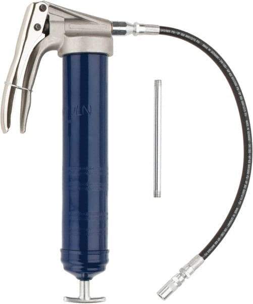 Lincoln - 7,500 Max psi, Flexible Pistol Grease Gun - 14-1 & 2 oz (Cartridge) & 16 oz (Bulk) Capacity, 1/8 Thread Outlet, 39 Strokes per oz, Bulk & Cartridge Fill, Includes 6" Straight Pipe & Coupler - Best Tool & Supply