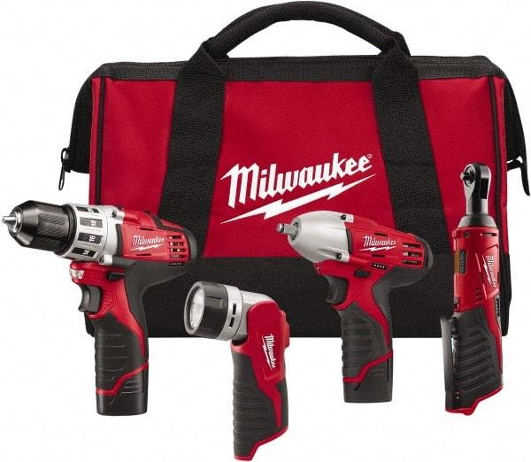 Milwaukee Tool - 12 Volt Cordless Tool Combination Kit - Includes 3/8" Square Drive Impact Wrench, 3/8" Drill/Driver, Work Light & 1/4" Ratchet, Lithium-Ion Battery Included - Best Tool & Supply