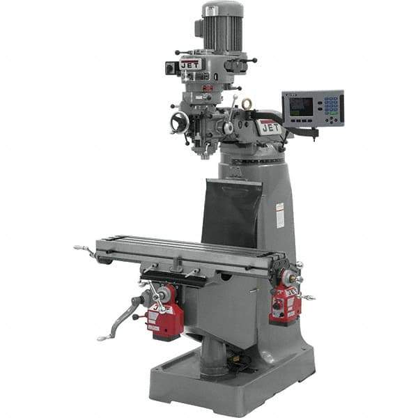 Jet - 9" Table Width x 42" Table Length, Step Pulley Control, 3 Phase Knee Milling Machine - R8 Spindle Taper, 2 hp - Best Tool & Supply