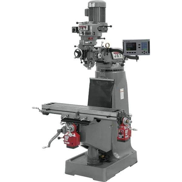 Jet - 9" Table Width x 42" Table Length, Step Pulley Control, 1 Phase Knee Milling Machine - R8 Spindle Taper, 2 hp - Best Tool & Supply