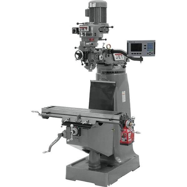 Jet - 9" Table Width x 42" Table Length, Step Pulley Control, 1 Phase Knee Milling Machine - R8 Spindle Taper, 2 hp - Best Tool & Supply