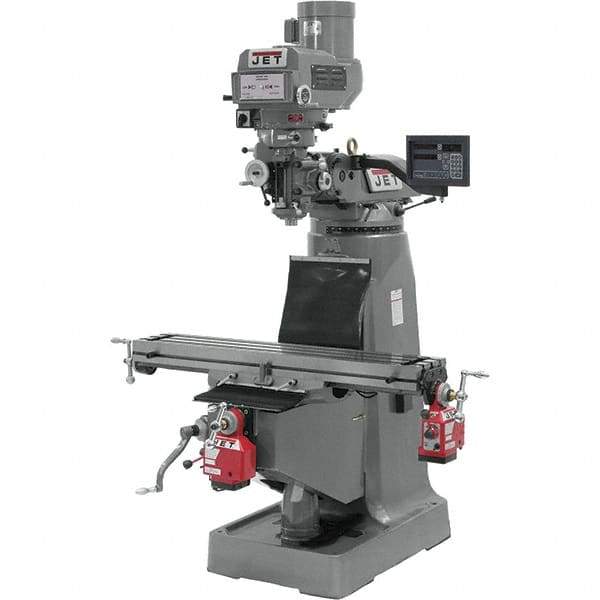 Jet - 9" Table Width x 42" Table Length, Variable Speed Pulley Control, 3 Phase Knee Milling Machine - R8 Spindle Taper, 3 hp - Best Tool & Supply