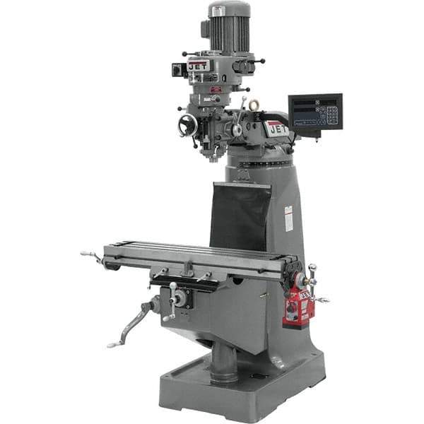 Jet - 9" Table Width x 42" Table Length, Step Pulley Control, 1 Phase Knee Milling Machine - R8 Spindle Taper, 2 hp - Best Tool & Supply