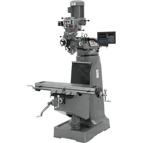 Jet - 9" Table Width x 42" Table Length, Step Pulley Control, 3 Phase Knee Milling Machine - R8 Spindle Taper, 2 hp - Best Tool & Supply