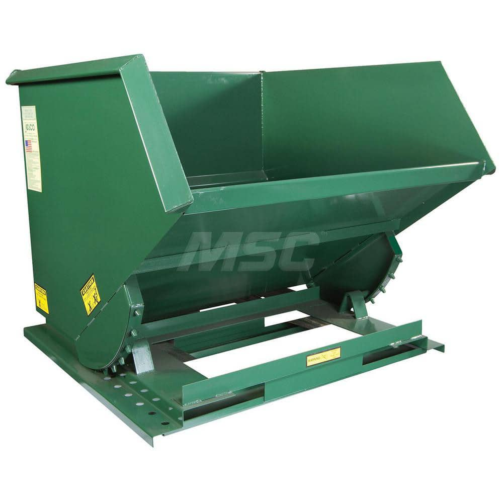 Stationary Tilt Hopper: 2,000 lb Capacity, 60″ Wide, 64″ Long, 51″ High Green, Powder Coated Steel, Hand Control