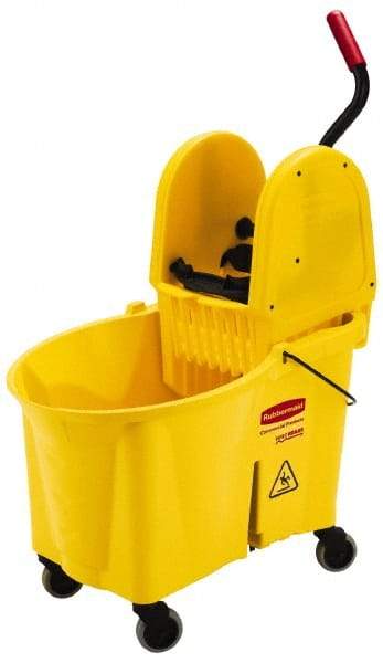 Rubbermaid - 44 Qt Plastic Bucket & Wringer - 26-3/4" Long x 38-3/4" High x 18-1/8" Wide, Yellow - Best Tool & Supply