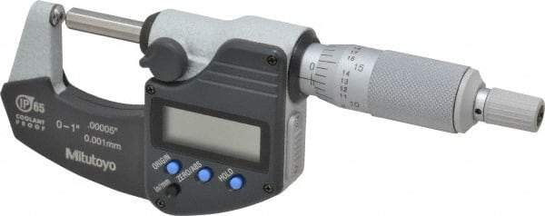 Mitutoyo - 25.4mm Max Measurement, Spherical Face Micrometer - Accuracy Up to 0.0001 Inch, Data Output, 0.0001 Inch Resolution, Electronic Operation, Ratchet Stop Thimble, IP65 Water Resistance Rating, SR44 Battery - Best Tool & Supply