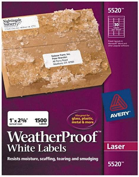 AVERY - 1" Wide x 2-5/8" Long, White Polyester Shipping Label - For Laser Printers - Best Tool & Supply