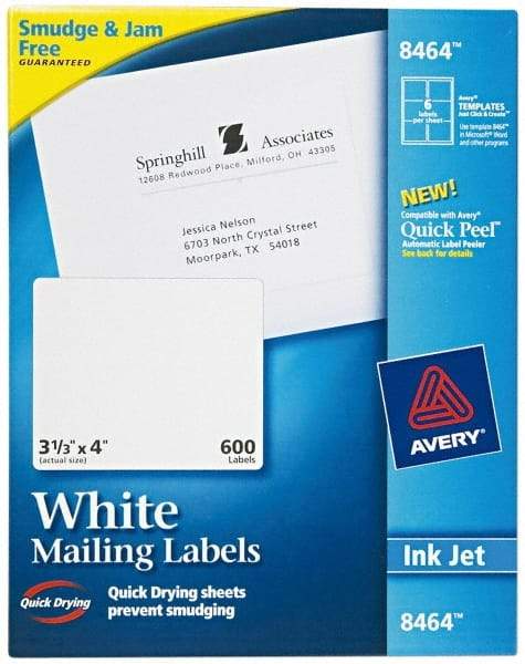 AVERY - 3.33" Wide x 4" Long, White Paper Shipping Label - For Inkjet Printers - Best Tool & Supply