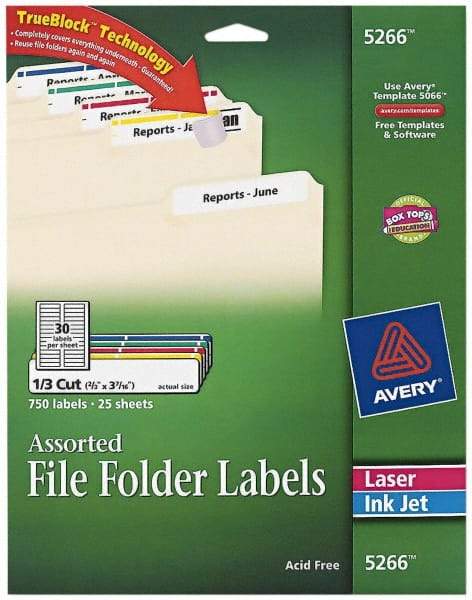 AVERY - 0.6" Wide x 3-7/16" Long, White/Blue/Green/Red/Yellow Paper File Folder Label - For Laser/Inkjet Printers - Best Tool & Supply