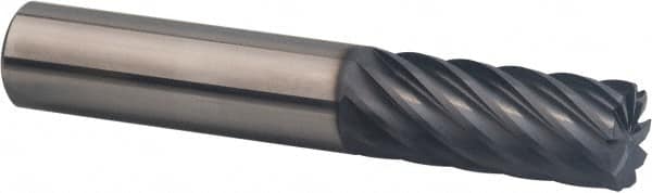 Corner Radius End Mill: 5/8″ Dia, 1-5/8″ LOC, 0.03″ Radius, 9 Flutes, Solid Carbide 3-1/2″ OAL, 5/8″ Shank Dia, 35 ° Helix, AlTiN Coated, Corner Radius End, Centercutting, Series 66CR