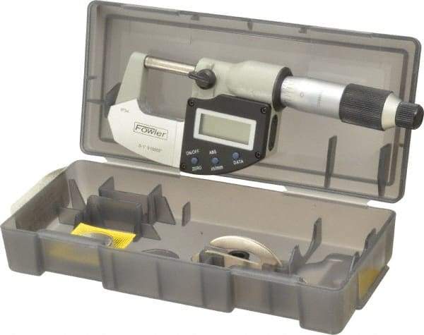 Fowler - 0 to 1 Inch Range, 0.0001 Inch Resolution, Standard Throat, IP54 Electronic Outside Micrometer - 0.0001 Inch Accuracy, Ratchet Stop Thimble, Carbide Face, 357 Battery, Data Output, Includes Standard - Best Tool & Supply