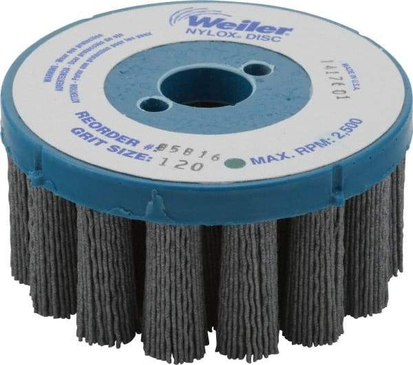 Weiler - 4" 120 Grit Silicon Carbide Crimped Disc Brush - Fine Grade, Plain Hole Connector, 1-1/2" Trim Length, 7/8" Arbor Hole - Best Tool & Supply