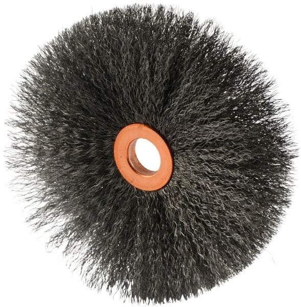 Weiler - 4" OD, 1/2" Arbor Hole, Crimped Steel Wheel Brush - 1/2" Face Width, 1-1/2" Trim Length, 0.006" Filament Diam, 20,000 RPM - Best Tool & Supply