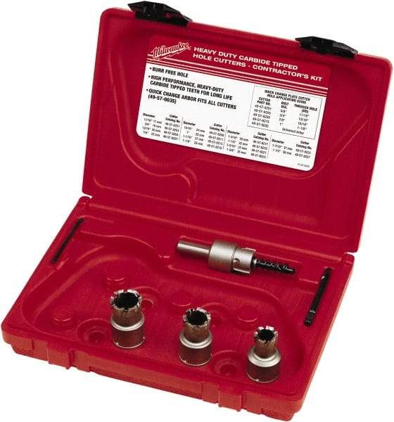 Milwaukee Tool - 5 Piece, 11/16" to 15/16" Saw Diam, Contractor's Hole Saw Kit - Carbide-Tipped, Gulleted Edge, Pilot Drill Model No. 49-57-0035, 49-57-0038, Includes 3 Hole Saws - Best Tool & Supply