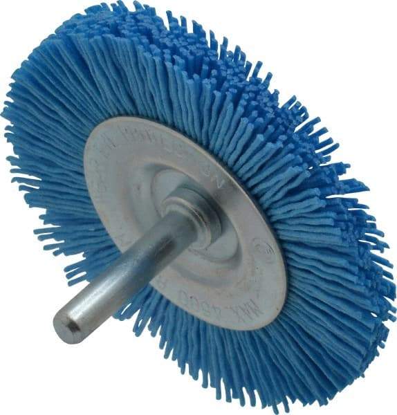 Value Collection - 3" OD, 1/4" Shank Diam, Crimped Nylon Wheel Brush - 1/4" Face Width, 5/16" Trim Length, 4,500 RPM - Best Tool & Supply