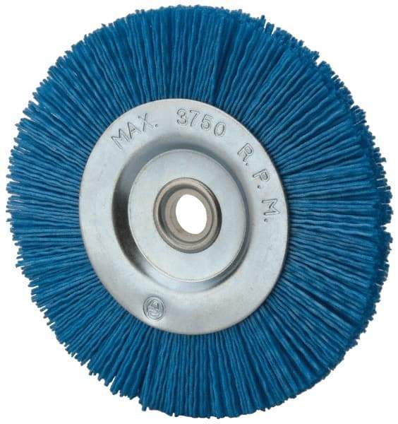 Value Collection - 5" OD, 5/8" Shank Diam, 5/8" Arbor Hole, Crimped Nylon Wheel Brush - 5/16" Face Width, 5/16" Trim Length, 3,750 RPM - Best Tool & Supply