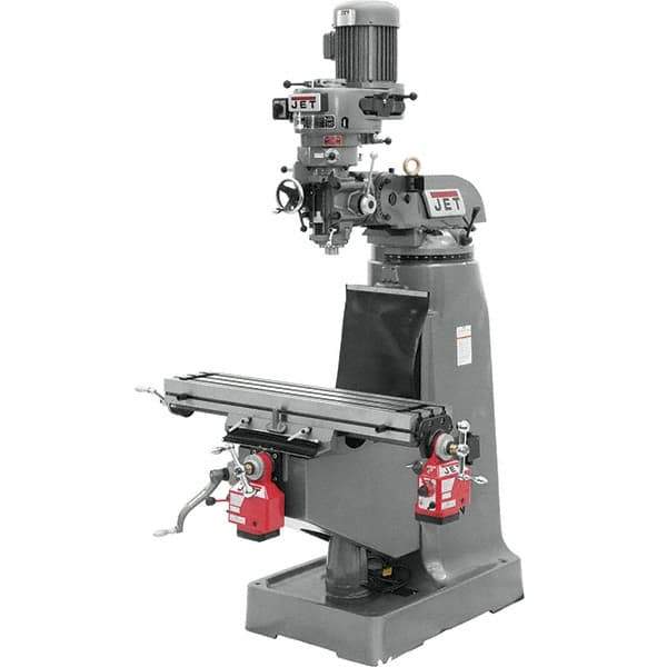 Jet - 9" Table Width x 42" Table Length, Step Pulley Control, 3 Phase Knee Milling Machine - R8 Spindle Taper, 2 hp - Best Tool & Supply