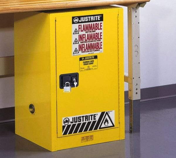 Justrite - 1 Door, 1 Shelf, Yellow Steel Space Saver Safety Cabinet for Flammable and Combustible Liquids - 35" High x 23-1/4" Wide x 18" Deep, Self Closing Door, 12 Gal Capacity - Best Tool & Supply