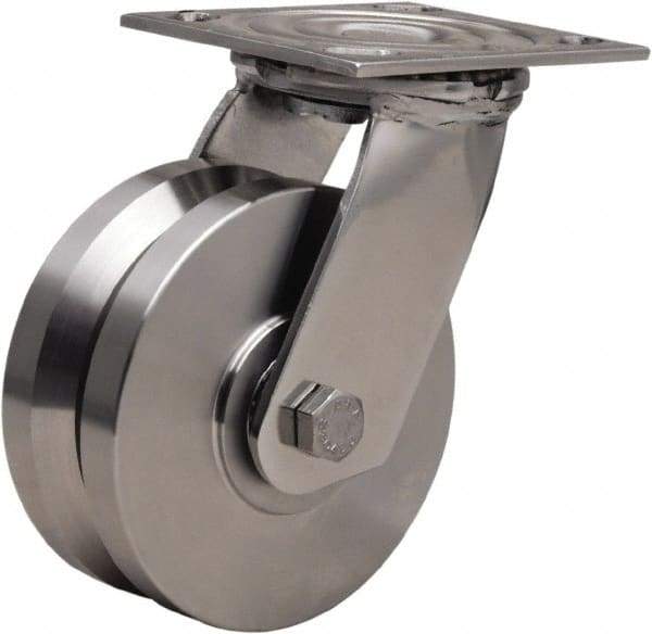 Hamilton - 5" Diam x 2" Wide, Stainless Steel Swivel Caster - 800 Lb Capacity, Top Plate Mount, 3-3/4" x 4-1/2" Plate, Delrin Bearing - Best Tool & Supply