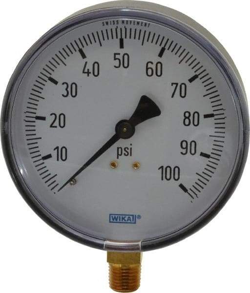 Wika - 4" Dial, 1/4 Thread, 0-100 Scale Range, Pressure Gauge - Lower Connection Mount, Accurate to 3-2-3% of Scale - Best Tool & Supply