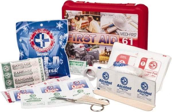 Medique - 61 Piece, Multipurpose/Auto/Travel First Aid Kit - 8" Wide x 2-1/2" Deep x 6" High, Plastic Case - Best Tool & Supply