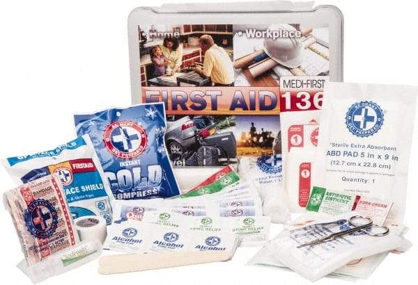 Medique - 136 Piece, Multipurpose/Auto/Travel First Aid Kit - 10-1/2" Wide x 3" Deep x 9" High, Plastic Case - Best Tool & Supply