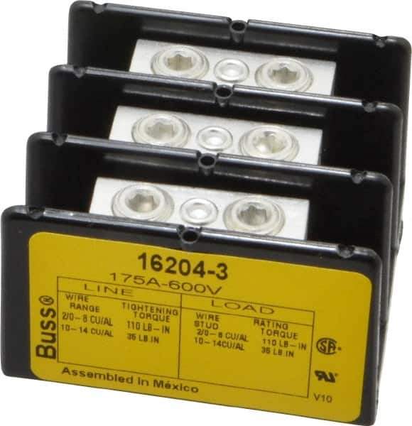 Cooper Bussmann - 3 Poles, 175 Amp, 2/0-8 AWG (Cu/Al) Primary, 2/0-8 AWG (Cu/Al) Secondary, Thermoplastic Power Distribution Block - 600 VAC/VDC, 1 Primary Connection, 5.2 Inch Long x 3.32 Inch Deep x 4 Inch High - Best Tool & Supply