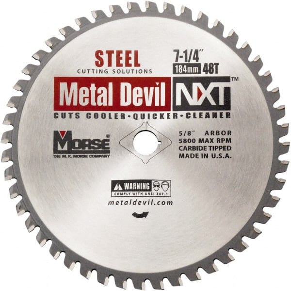 Wet & Dry Cut Saw Blade: 7-1/4″ Dia, 5/8″ Arbor Hole, 0.079″ Kerf Width, 48 Teeth Solid Carbide Teeth, Use on Steel, Round Arbor