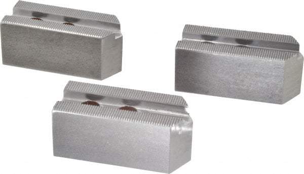 H & R Manufacturing - 1.5mm x 60° Serrated Attachment, Square Soft Lathe Chuck Jaw - 3 Jaws, Steel, 1" Btw Mount Hole Ctrs, 3-1/2" Long x 1-1/2" Wide x 1-1/2" High, 0.551" Groove, 12mm Fastener - Best Tool & Supply