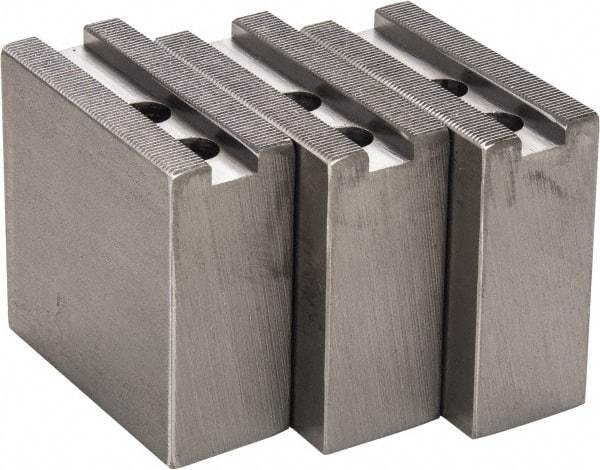 H & R Manufacturing - 1.5mm x 60° Serrated Attachment, Square Soft Lathe Chuck Jaw - 3 Jaws, Steel, 1" Btw Mount Hole Ctrs, 3-1/2" Long x 1-1/2" Wide x 3-1/2" High, 0.551" Groove, 12mm Fastener - Best Tool & Supply