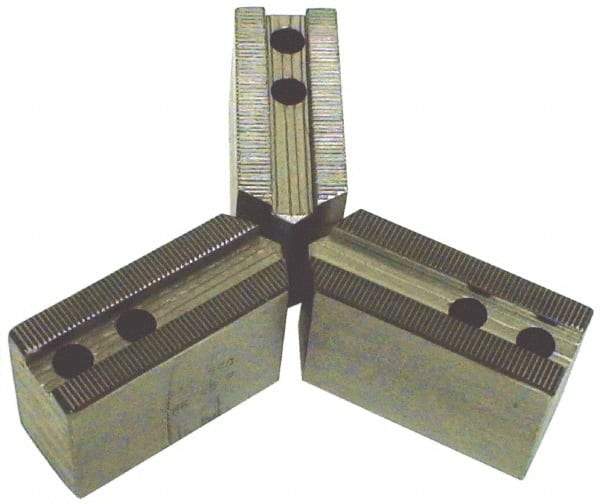 H & R Manufacturing - 6" Max Chuck Capacity, 1.5mm x 60° Serrated Interface, Square Soft Lathe Chuck Jaw - 3 Jaw, Steel, 0.969" Btw Mount Hole Ctrs, 3.125" Long, 1" Wide, 2" High, 8mm Fastener - Best Tool & Supply