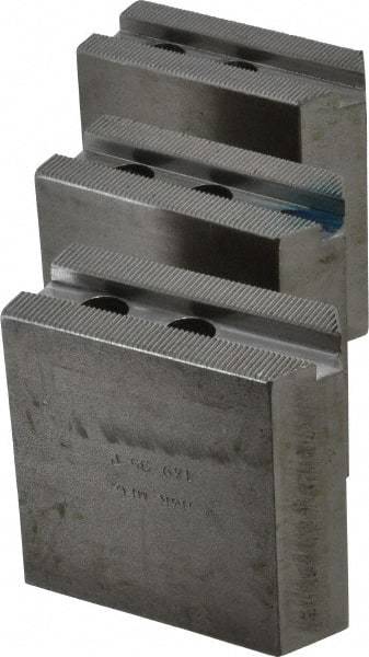 H & R Manufacturing - 1.5mm x 60° Serrated Attachment, Square Soft Lathe Chuck Jaw - 3 Jaws, Steel, 1" Btw Mount Hole Ctrs, 3-1/2" Long x 1-1/2" Wide x 3-1/2" High, 0.551" Groove, 12mm Fastener - Best Tool & Supply