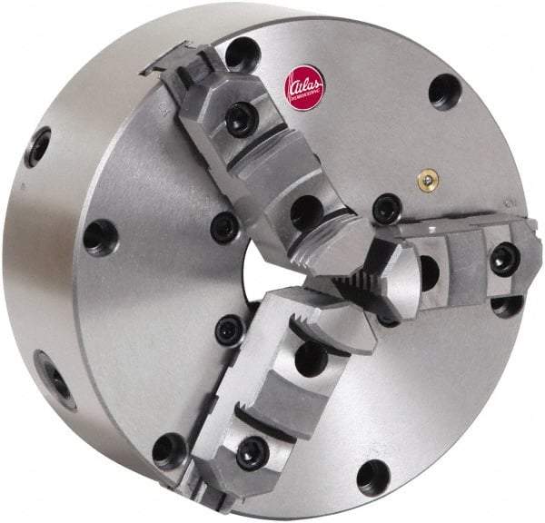 Atlas Workholding - 3 Jaws, 8" Diam, Self Centering Manual Lathe Chuck - Plain Back Mount Spindle, Adjustable, Reversible, 2,800 Max RPM, 2.346" Through Hole Diam, Cast Iron - Best Tool & Supply