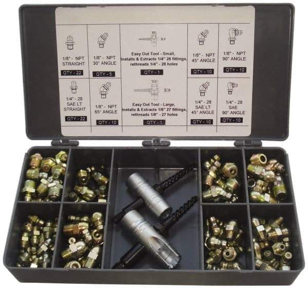 PRO-LUBE - 101 Piece, Inch, Box Plastic Steel Grease Fitting Set - Includes PTF, UNF Thread Types, Includes 1/4-28 SAE-LT: (22) Straight, (10) 45°, (10) 90°, 1/8-27 PTF: (22) Straight, (5) 30°, (10) 45°, (10) 65°, (10) 90° - Best Tool & Supply