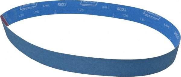 Norton - 2" Wide x 48" OAL, 120 Grit, Zirconia Alumina Abrasive Belt - Zirconia Alumina, Fine, Coated, X Weighted Cloth Backing, Series R823 - Best Tool & Supply