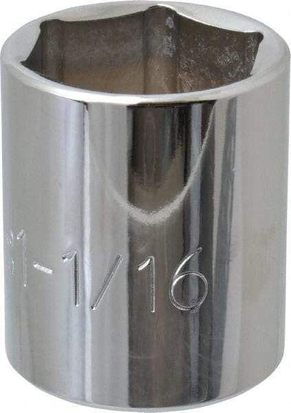 Proto - 1-1/16", 1/2" Drive, Standard Hand Socket - 6 Points, 1-41/64" OAL, Chrome Finish - Best Tool & Supply