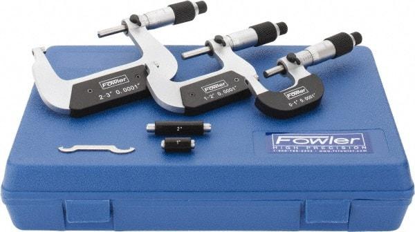 Fowler - 0 to 3" Range, 3 Piece Mechanical Outside Micrometer Set - 0.0001" Graduation, 0.0001 (0 to 2)" Accuracy, Ratchet-Friction Thimble, Carbide Tipped Face - Best Tool & Supply