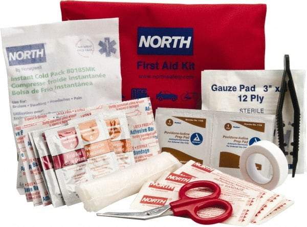 North - 39 Piece, 10 Person, Multipurpose/Auto/Travel First Aid Kit - 4-1/2" Wide x 1-1/2" Deep x 7" High, Nylon Bag - Best Tool & Supply