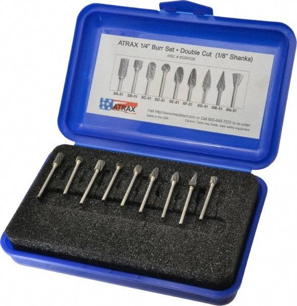 Atrax - 9 Piece, 1/8" Shank Burr Set - Tungsten Carbide, Multiple Head Shape - Best Tool & Supply