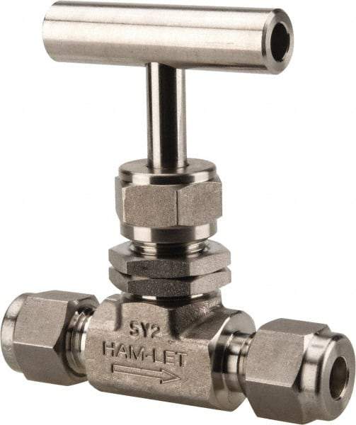 Ham-Let - 5,000 Max psi, 1/4" Pipe, 316 Grade Stainless Steel, Inline Stem Regulating Instrumentation Needle Valve - Compression x Compression End Connections, Swaglok SS-1RS4-SH - Best Tool & Supply