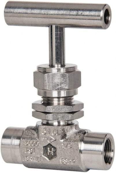 Ham-Let - 5,000 Max psi, 1/4" Pipe, 316 Grade Stainless Steel, Inline Stem Vee Instrumentation Needle Valve - FNPT x FNPT End Connections, Swaglok SS-1VF4-SH - Best Tool & Supply