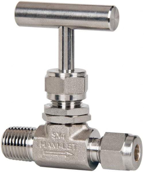 Ham-Let - 5,000 Max psi, 1/4 x 3/8" Pipe, 316 Grade Stainless Steel, Inline Stem Regulating Instrumentation Needle Valve - MNPT x Compression End Connections, Swaglok SS-1RM4-S6 - Best Tool & Supply