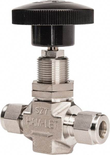 Ham-Let - 5,000 Max psi, 3/8" Pipe, 316 Grade Stainless Steel, Inline Stem Regulating Instrumentation Needle Valve - Compression x Compression End Connections, Swaglok SS-1RS6 - Best Tool & Supply