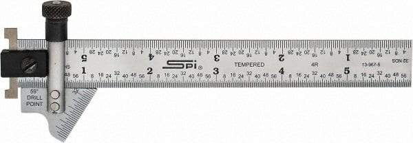 SPI - 6 Inch Long x 3/4 Wide Blade, 118° Bevel Angle, Steel Ruler Drill Point Gage - 1/8 Inch Ruler Graduation, Removable Ruler Hook - Best Tool & Supply