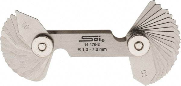 SPI - 34 Piece, 1 to 7 mm Radius, Stainless Steel Radius Gage Set - Style B, 0.25 mm Graduation - Best Tool & Supply