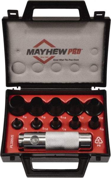 Mayhew - 11 Piece, 1/8 to 3/4", Hollow Punch Set - Round Shank, Alloy Steel, Comes in Plastic Case - Best Tool & Supply