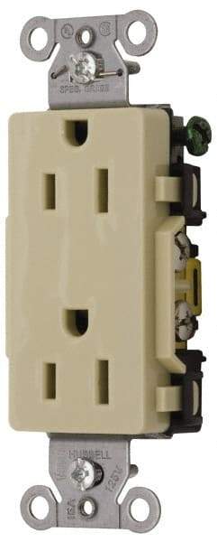 Hubbell Wiring Device-Kellems - 125 VAC, 15 Amp, 5-15R NEMA Configuration, Ivory, Specification Grade, Self Grounding Duplex Receptacle - 1 Phase, 2 Poles, 3 Wire, Flush Mount - Best Tool & Supply